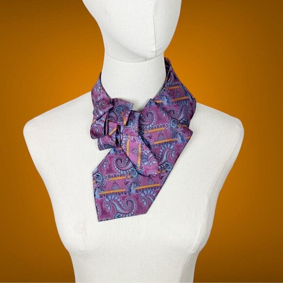 Women's Modern Magenta Paisley Ascot Tie Made From A Repurposed Silk Necktie - Picture 1 of 8